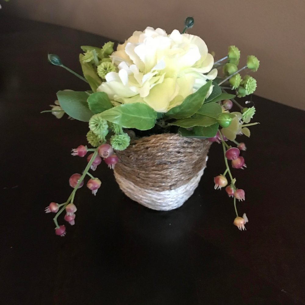Beautiful Handmade Floral Arrangement w/Hand-Woven Jute-Covered Base (4.75" T)